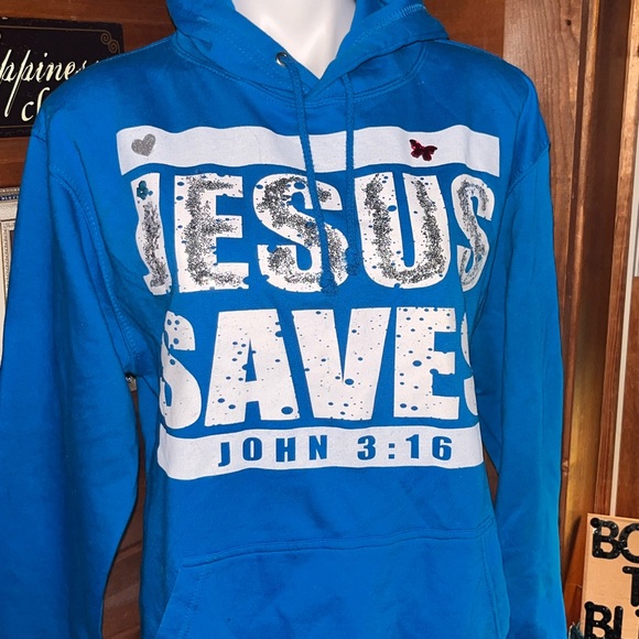 Turquoise JESUS SAVES Hooded Sweatshirt size S Boutique front pocket NEW - Picture 10 of 13